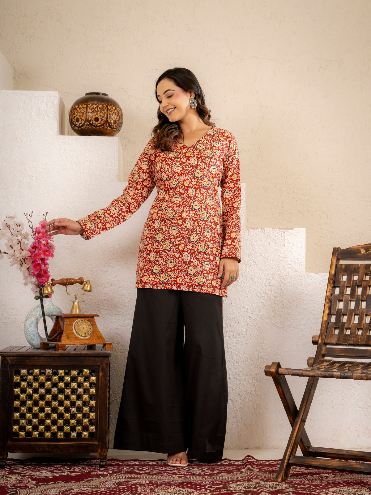 Rust Red Floral Printed Short Kurta Set