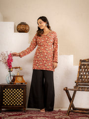 Rust Red Floral Printed Short Kurta Set