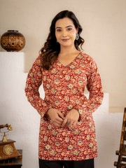 Rust Red Floral Printed Short Kurta Set