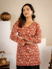 Rust Red Floral Printed Short Kurta Set
