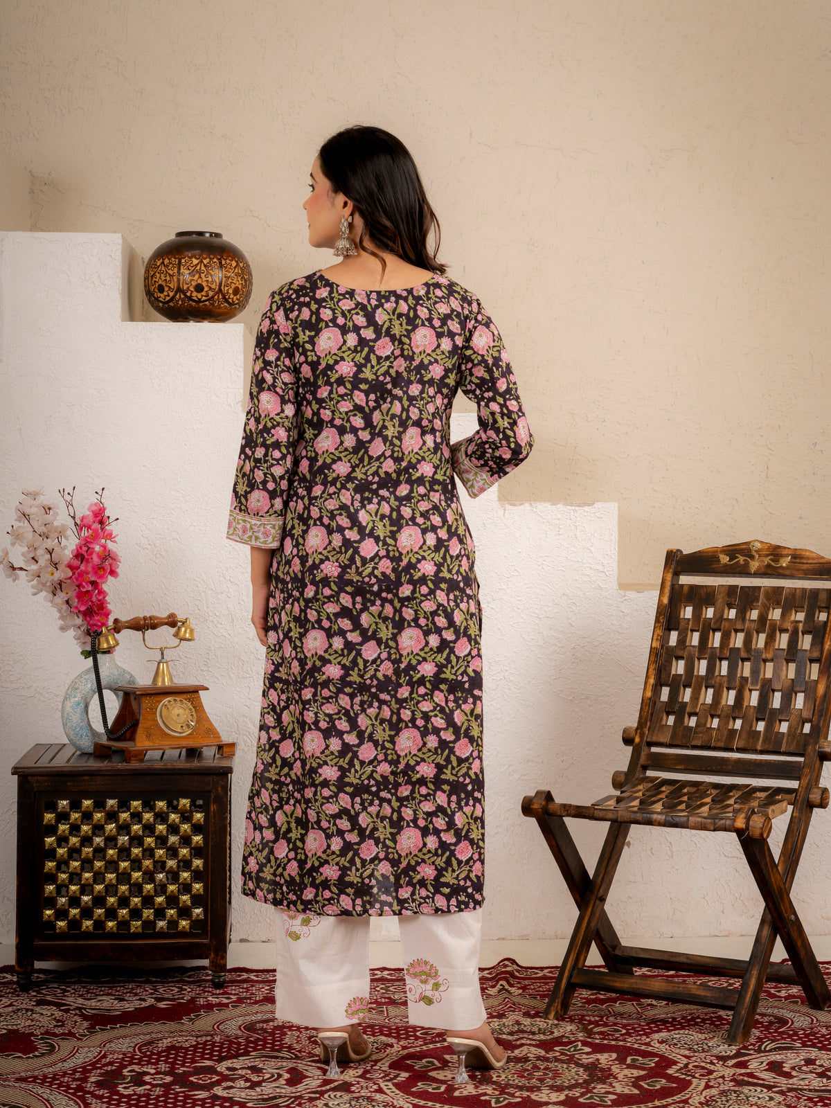 Black Floral Handblock  Cotton suit Set