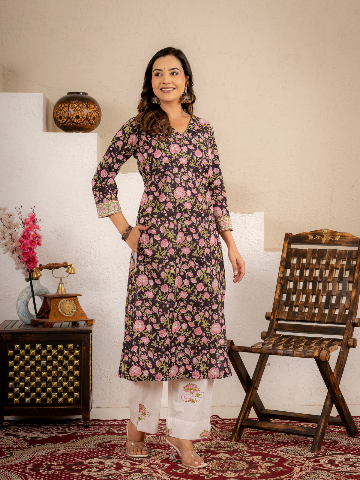 Black Floral Handblock  Cotton suit Set