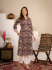 Black Floral Handblock  Cotton suit Set