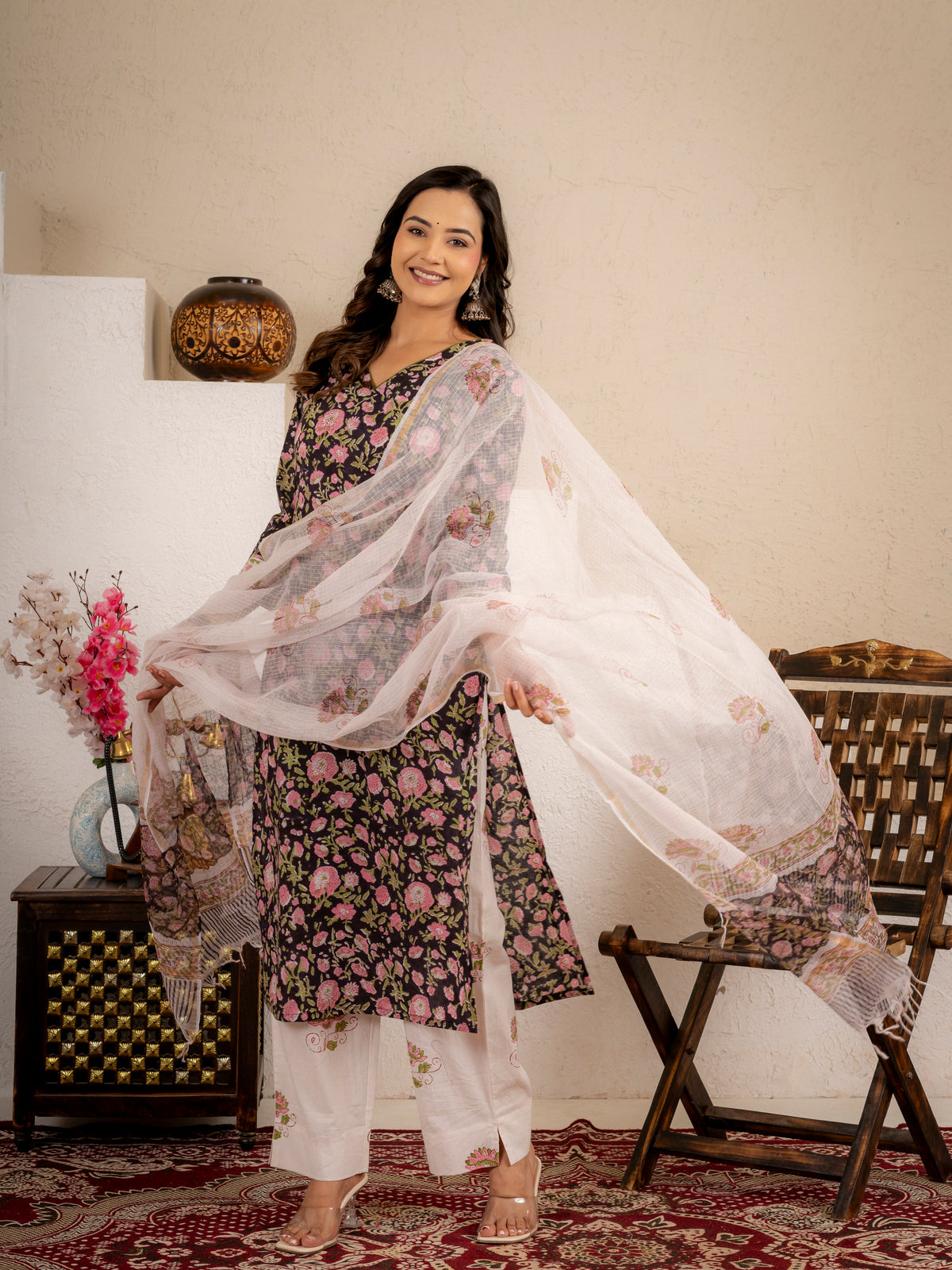 Black Floral Handblock  Cotton suit Set