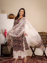 Black Floral Handblock  Cotton suit Set