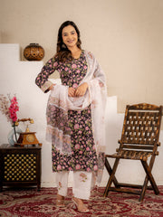 Black Floral Handblock  Cotton suit Set