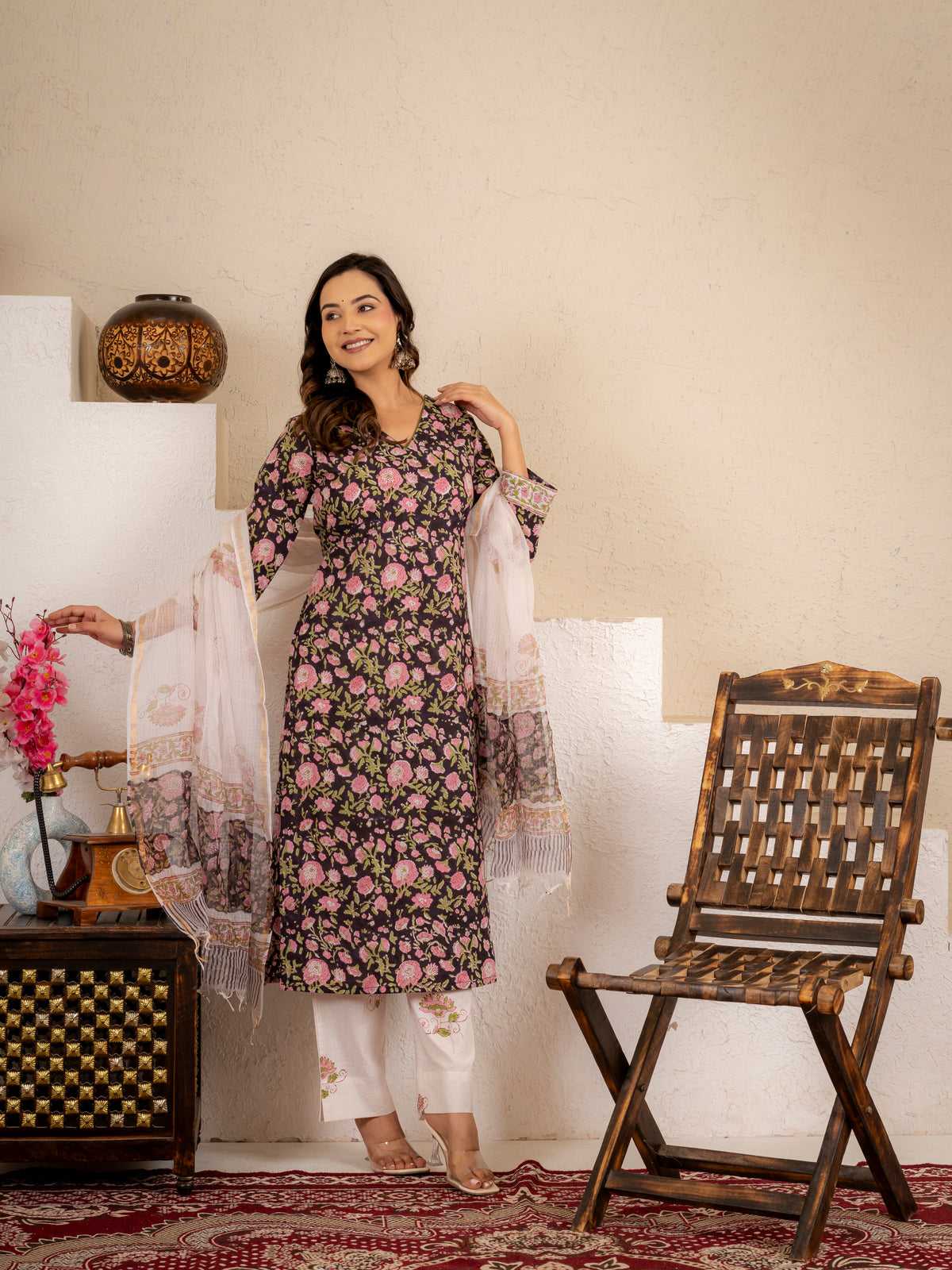 Black Floral Handblock  Cotton suit Set
