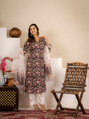 Black Floral Handblock  Cotton suit Set