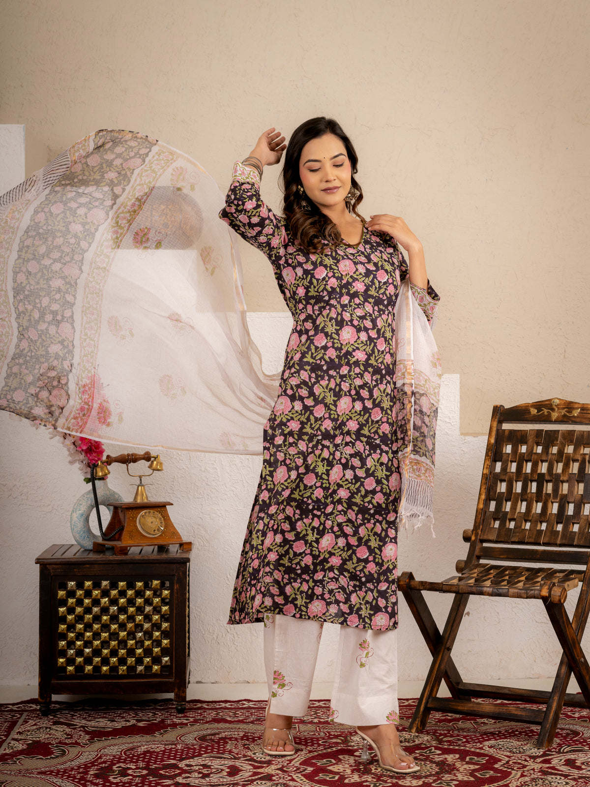 Black Floral Handblock  Cotton suit Set
