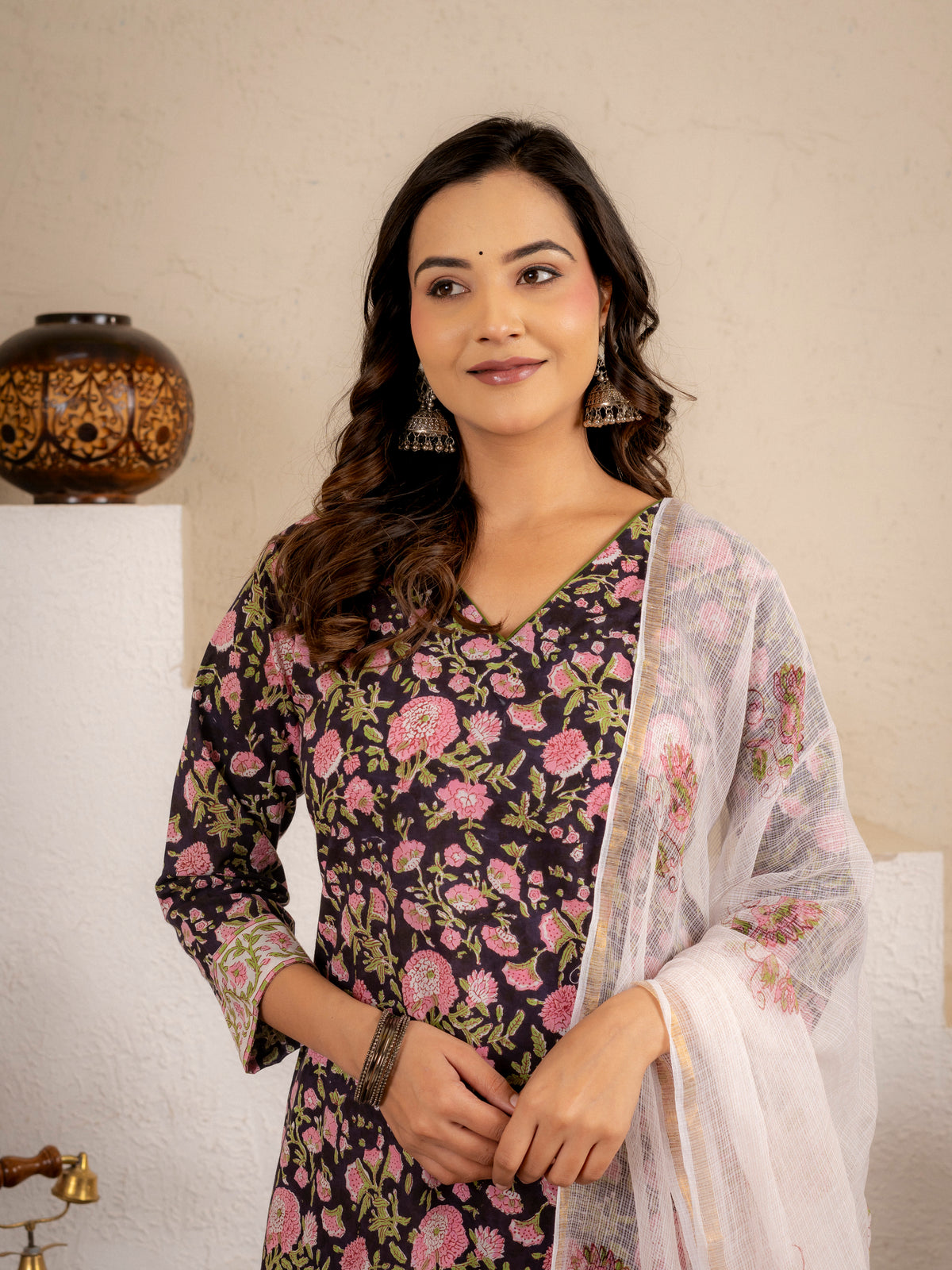 Black Floral Handblock  Cotton suit Set