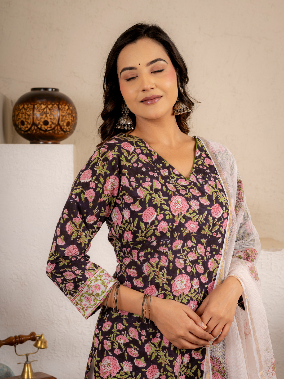 Black Floral Handblock  Cotton suit Set