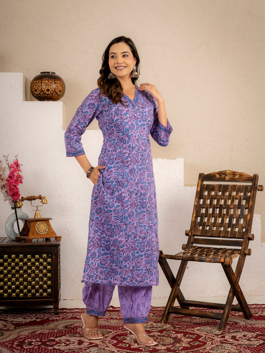 Zoya Purple Floral Cotton Suit set