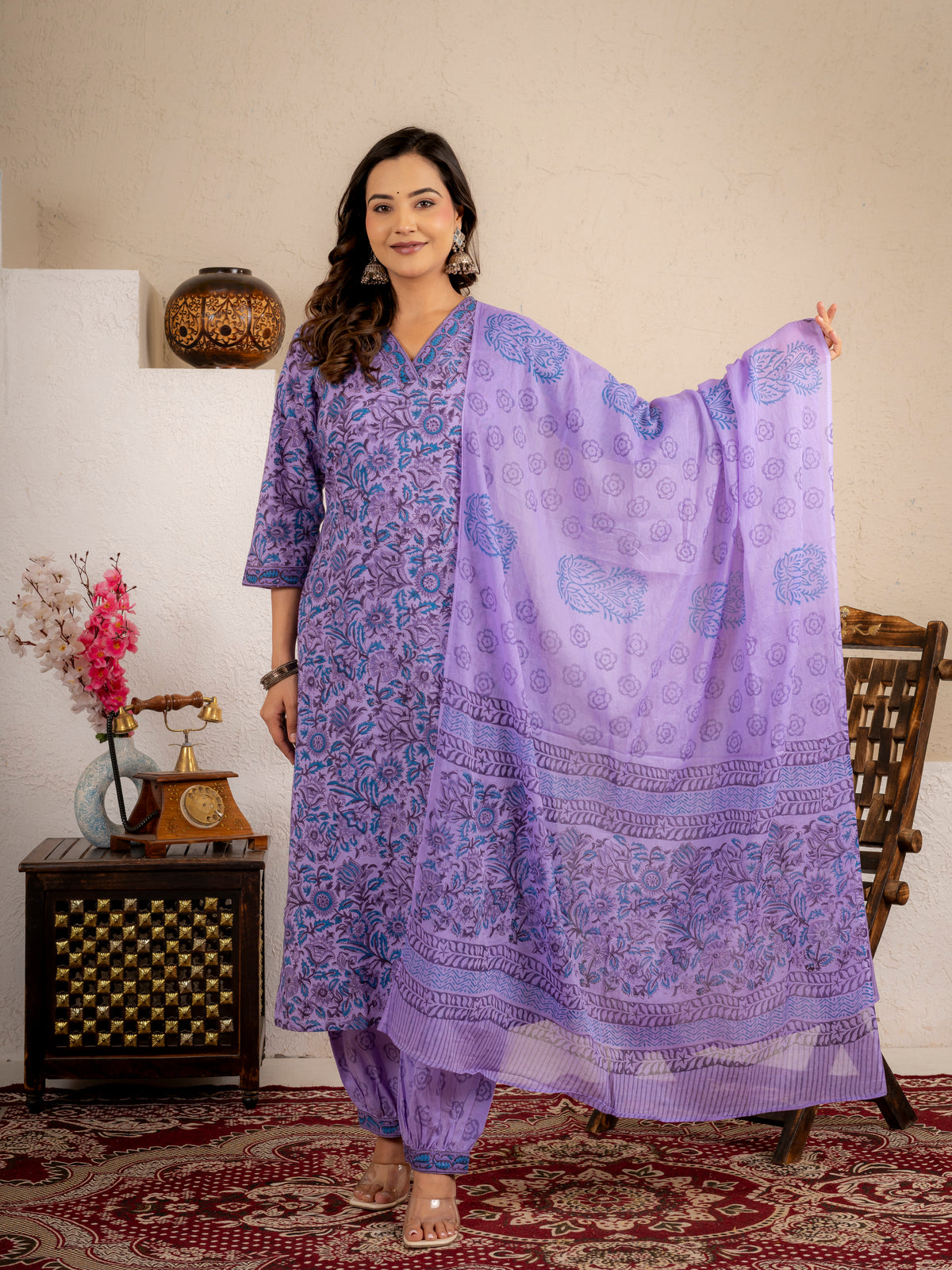 Zoya Purple Floral Cotton Suit set