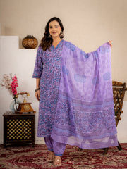 Zoya Purple Floral Cotton Suit set