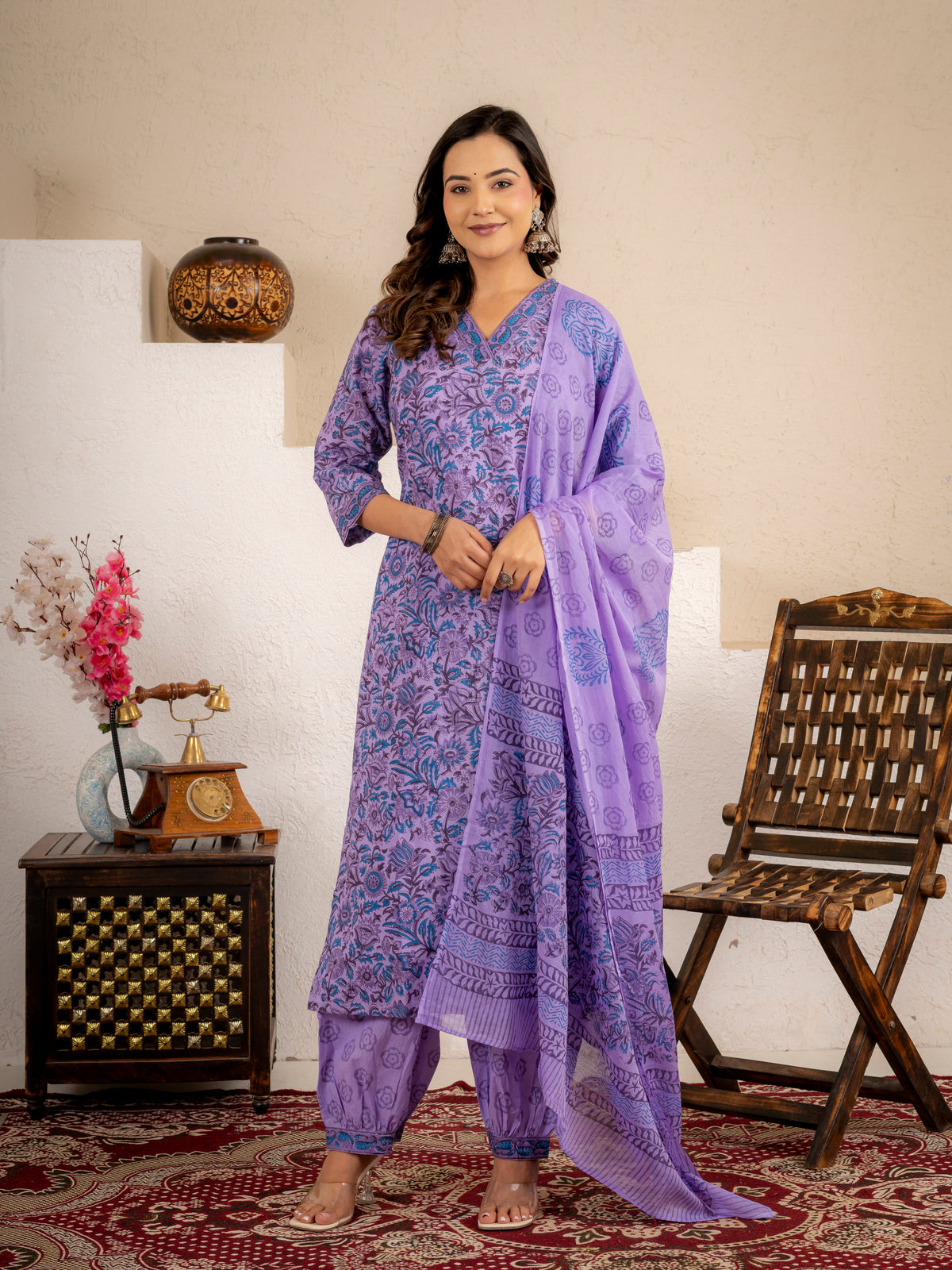 Zoya Purple Floral Cotton Suit set