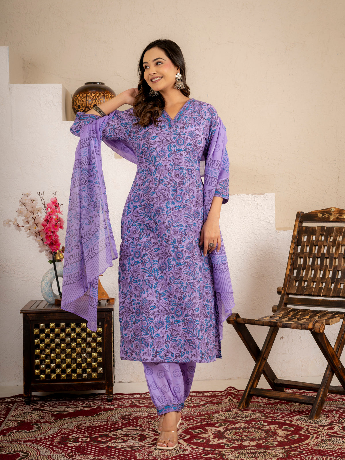 Zoya Purple Floral Cotton Suit set