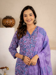 Zoya Purple Floral Cotton Suit set