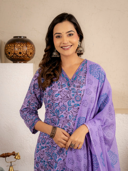 Zoya Purple Floral Cotton Suit set