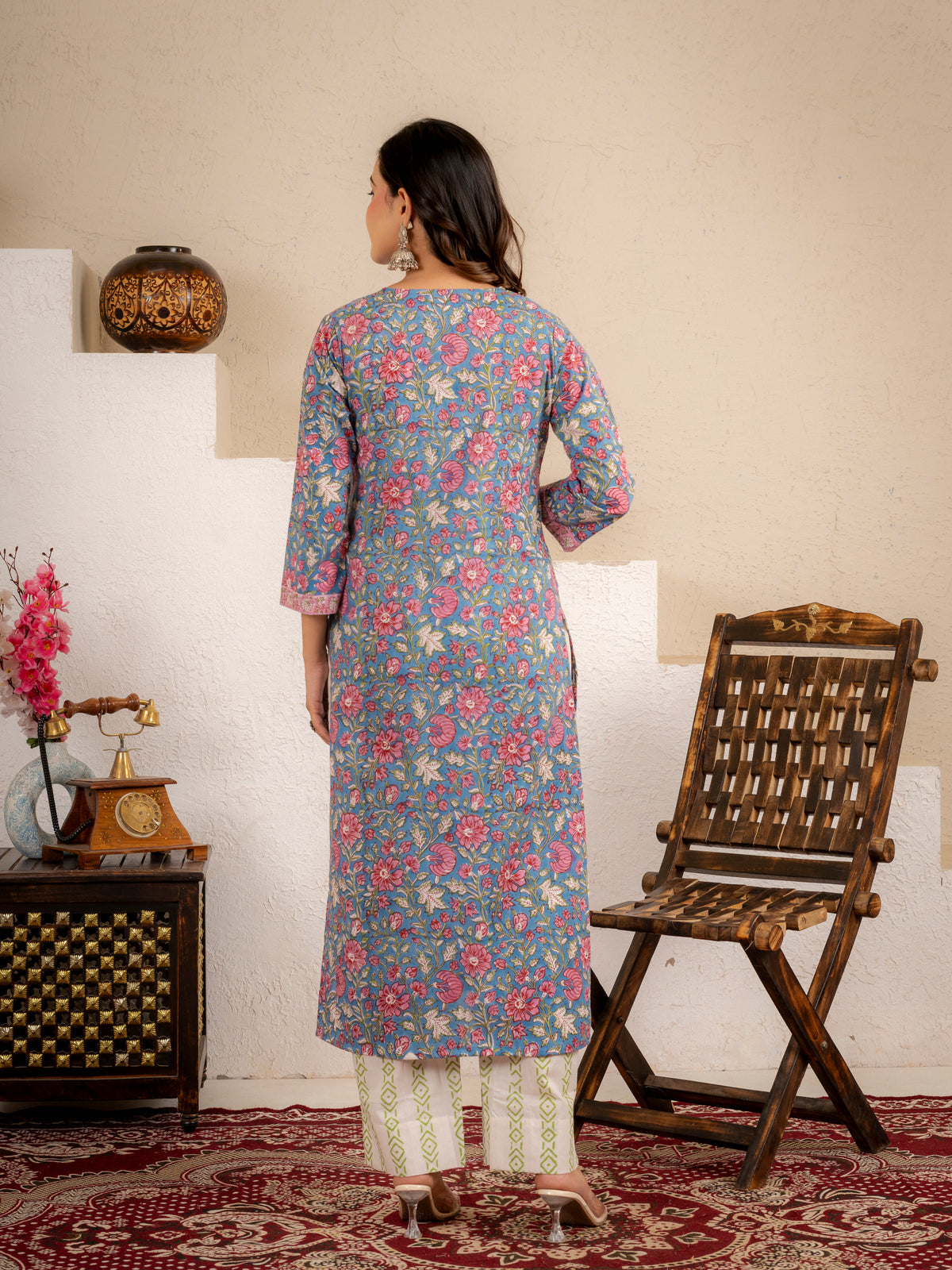 Azure Bloom Handblock Cotton suit set