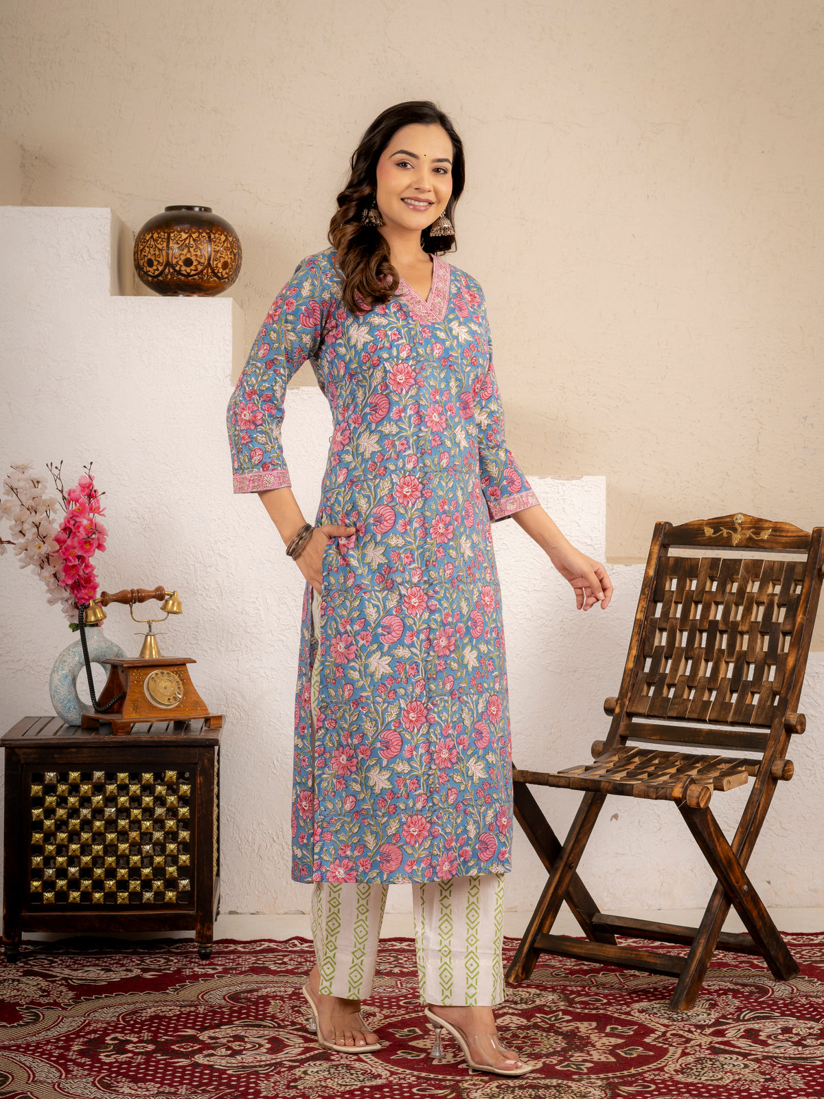 Azure Bloom Handblock Cotton suit set