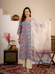 Azure Bloom Handblock Cotton suit set