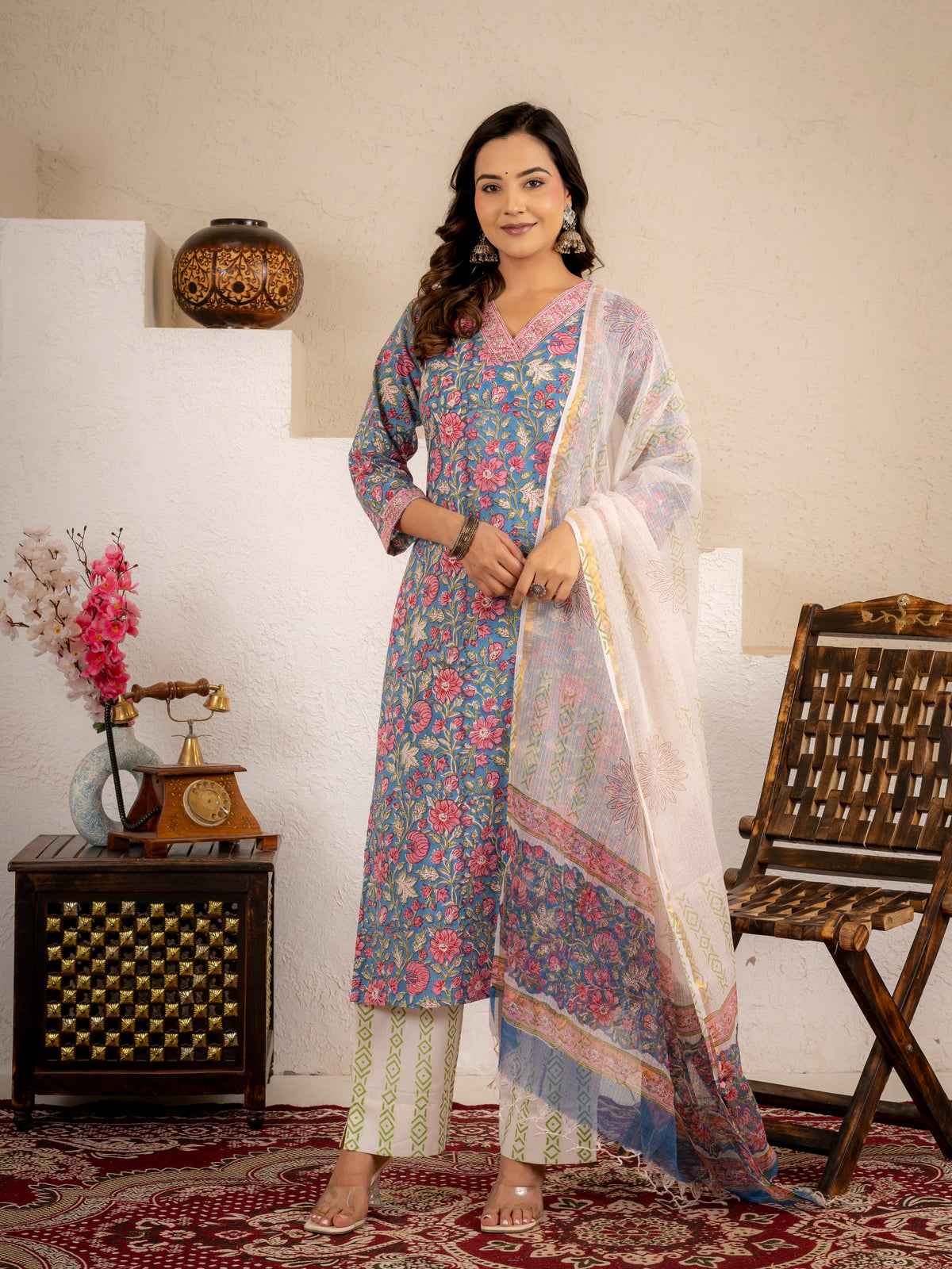 Azure Bloom Handblock Cotton suit set