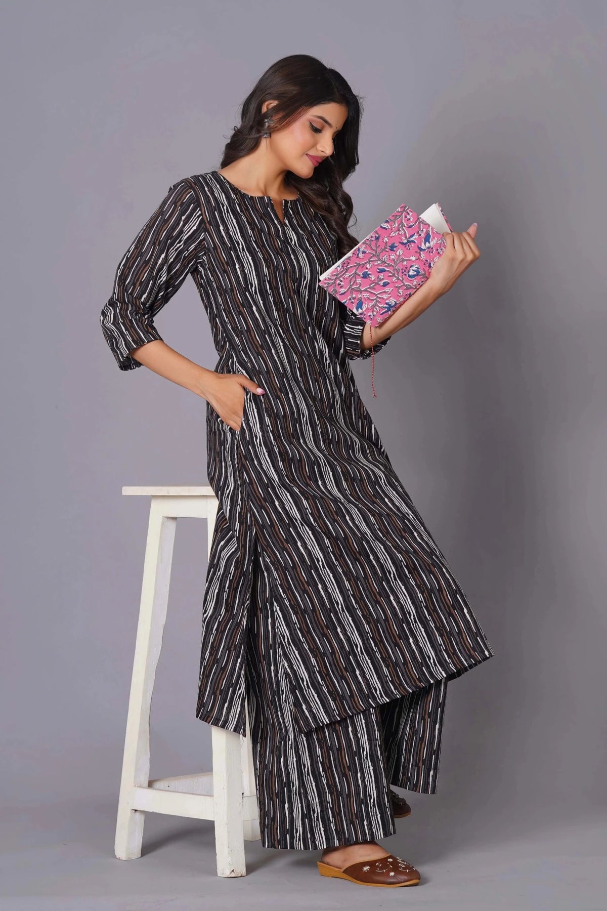 A-Line Charcoal Stripe Handblock Cotton Kurta Set - Himdim Wear