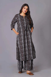 A-Line Charcoal Stripe Handblock Cotton Kurta Set - Himdim Wear