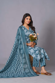 Aqua Grace Handblock Cotton Suit Set - Himdim Wear