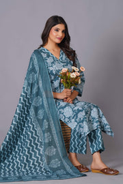 Aqua Grace Handblock Cotton Suit Set - Himdim Wear