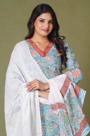 Azure Floral Block Print Cotton Suit Set - Himdim Wear