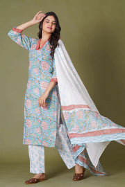 Azure Floral Block Print Cotton Suit Set - Himdim Wear