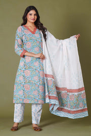 Azure Floral Block Print Cotton Suit Set - Himdim Wear