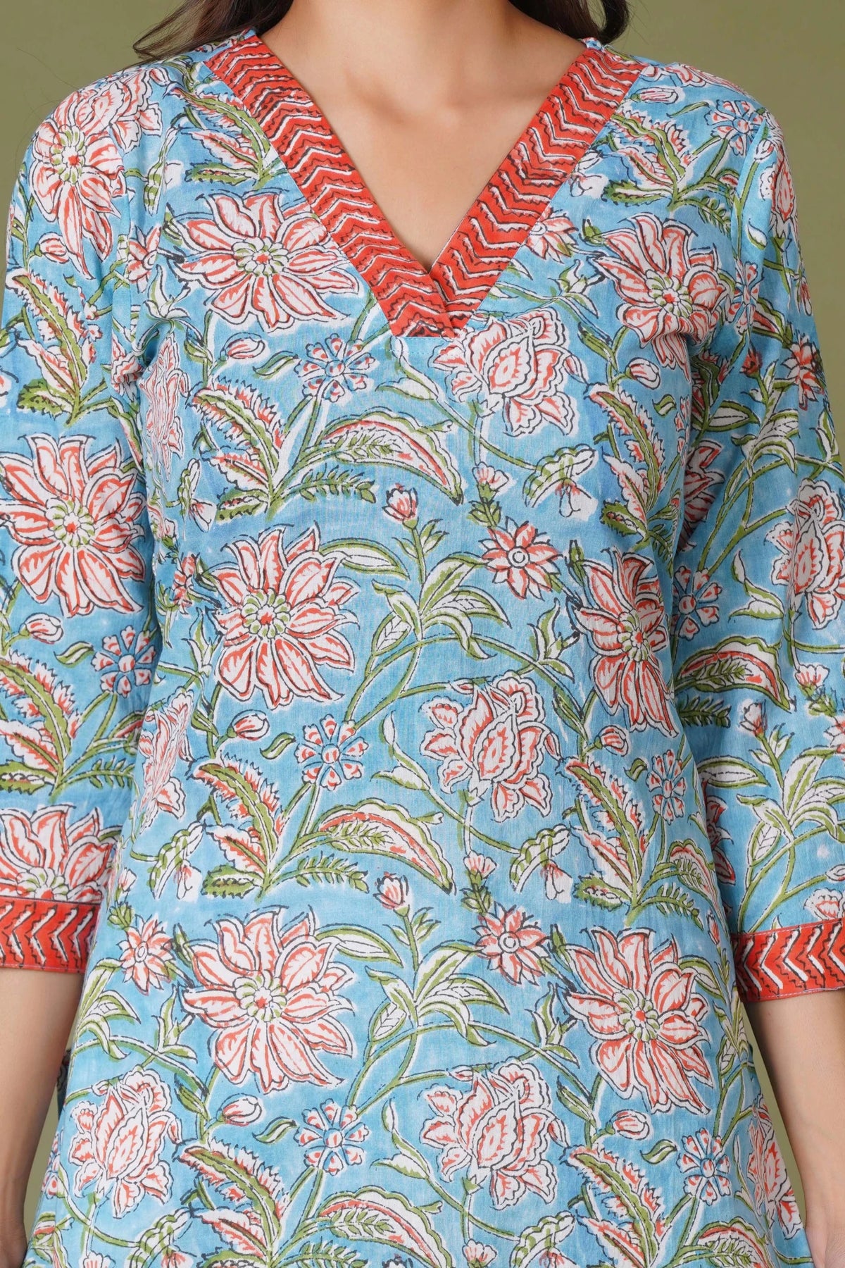 Azure Floral Block Print Cotton Suit Set - Himdim Wear