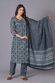 Azure Geometric Bloom Cotton Suit Set - Himdim Wear