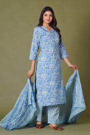 Blue Symphony Handblock Print Cotton Suit Set - Himdim Wear