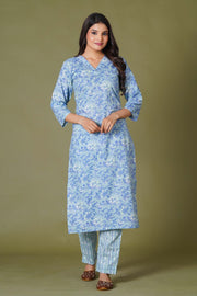 Blue Symphony Handblock Print Cotton Suit Set - Himdim Wear