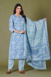 Blue Symphony Handblock Print Cotton Suit Set - Himdim Wear