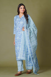 Blue Symphony Handblock Print Cotton Suit Set - Himdim Wear