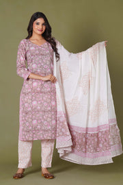 Blush Aura Handblock Floral Cotton Suit Set - Himdim Wear