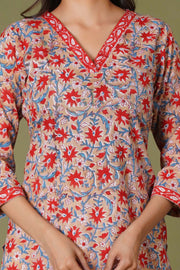 Crimson Bloom Handblock Cotton Suit Set - Himdim Wear