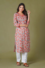 Crimson Bloom Handblock Cotton Suit Set - Himdim Wear