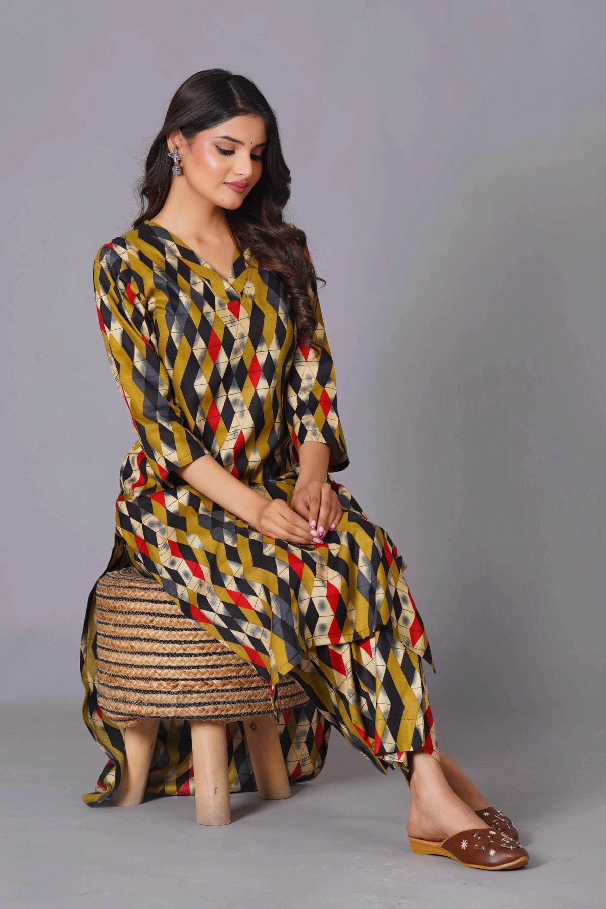 Geometric Flair Multi-Color Rayon Suit Set - Himdim Wear