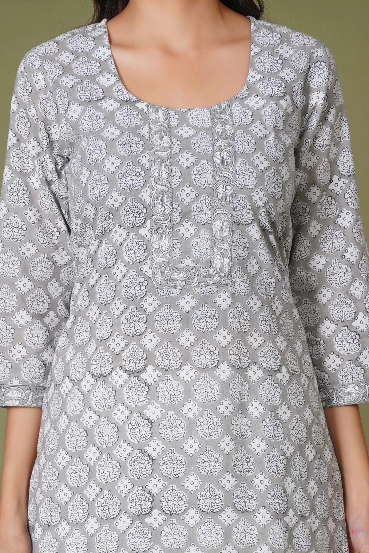 Grey Floral Handblock Printed Straight Kurta for Women – Soft Cotton Ethnic Wear - Himdim Wear