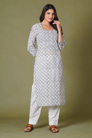 Grey Floral Handblock Printed Straight Kurta for Women – Soft Cotton Ethnic Wear - Himdim Wear