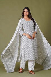 Grey Floral Handblock Printed Straight Kurta for Women – Soft Cotton Ethnic Wear - Himdim Wear