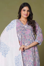 Lilac Mist Floral Handblock Cotton Suit Set - Himdim Wear