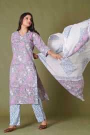 Lilac Mist Floral Handblock Cotton Suit Set - Himdim Wear