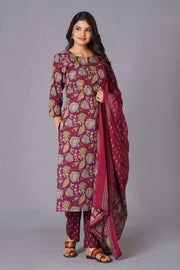 Maroon Finesse Handblock Cotton Kurta Set - Himdim Wear