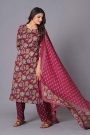 Maroon Finesse Handblock Cotton Kurta Set - Himdim Wear